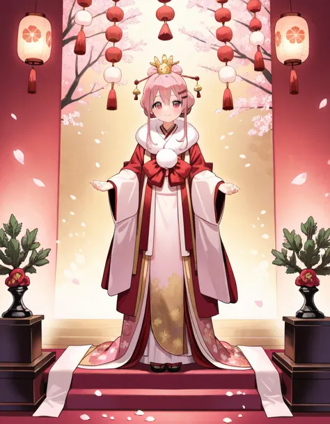young girl dressed in a traditional Japanese hina doll cosplay, celebrating Hinamatsuri on March 3rd. She wears a beautiful multi-layered kimono in pastel pink and red with intricate golden patterns, resembling an elegant Empress. Her hair is styled in a ...