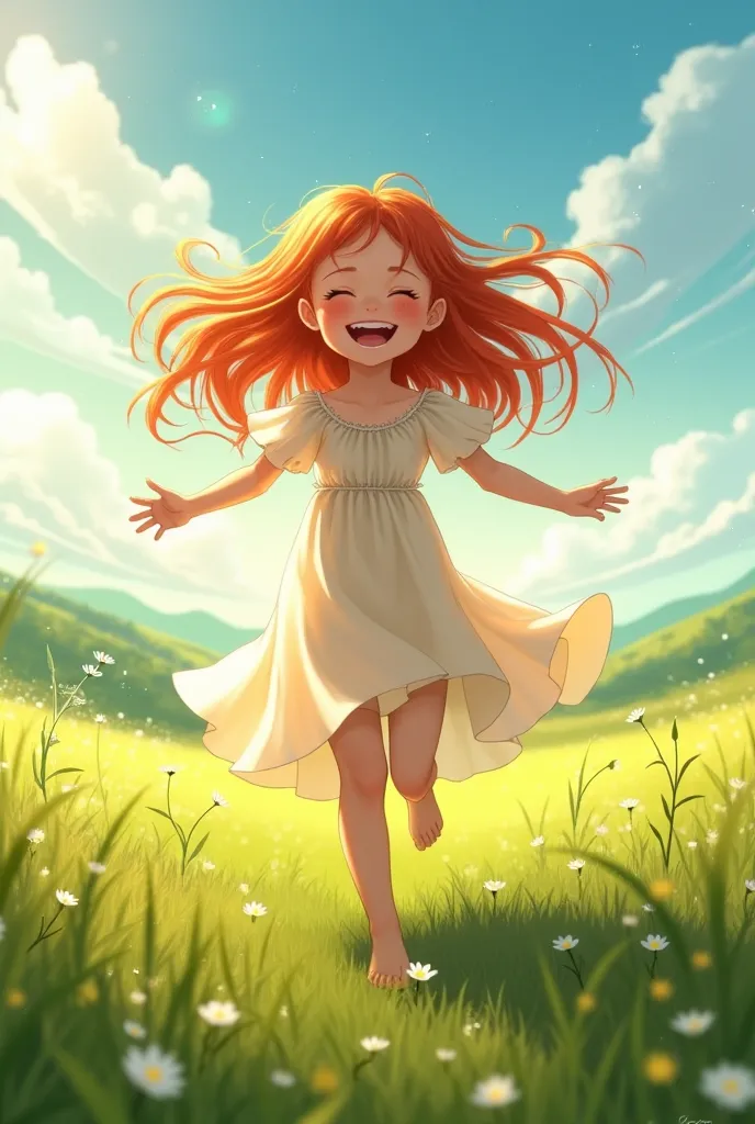 A red-haired girl with long hair, in a dress runs barefoot on the grass and laughs. 