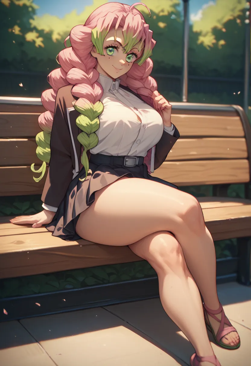 Mitsuri Kanroji curly hair Big pink green eyes big boobs black blouse black skirt healed abdomen thick thighs big sitting on the bench in the square Green big on her legs her sword Katana on her sexy legs sitting on the bench in the square