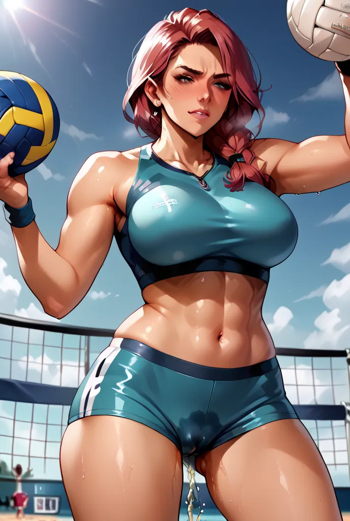 A female volleyball player. She is an adult woman. She is very tall. She is beautiful, strong, cold, dominant and arrogant, peeing self, wetting self, peeing in her shorts, ppclothes, URINARY INCONTINENCE, PEE STAIN, very tight volleyball shorts, voluptuou...