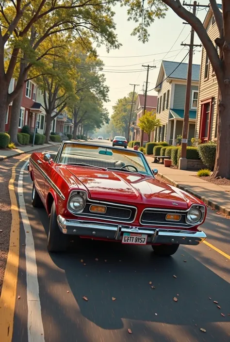 On a small-town dirt road, A shattered cherry-red Plymouth Fury passes by a gray, cloudy day