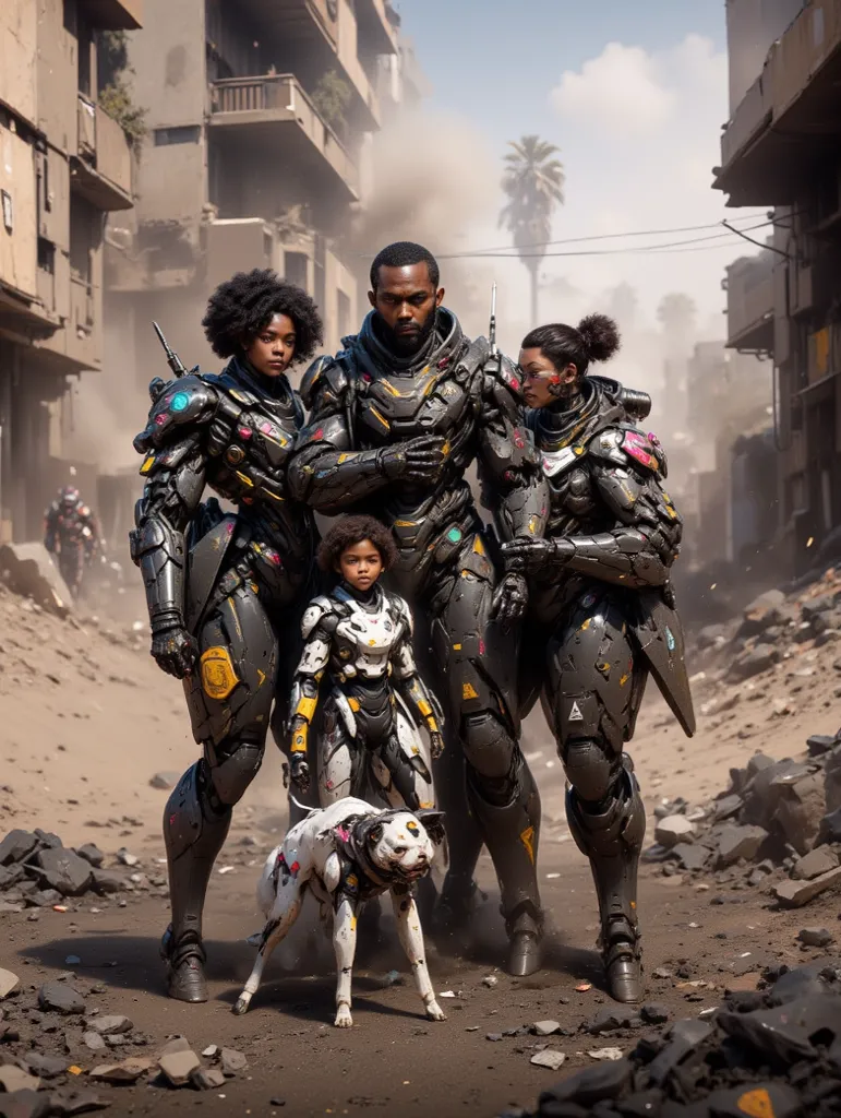 Cybernetic Family of a Black Man Woman girl boy and a dog, standing in the rubble of a building during the post apocalypse, daytime, ruined degraded buildings in the background, dust cloud in the background