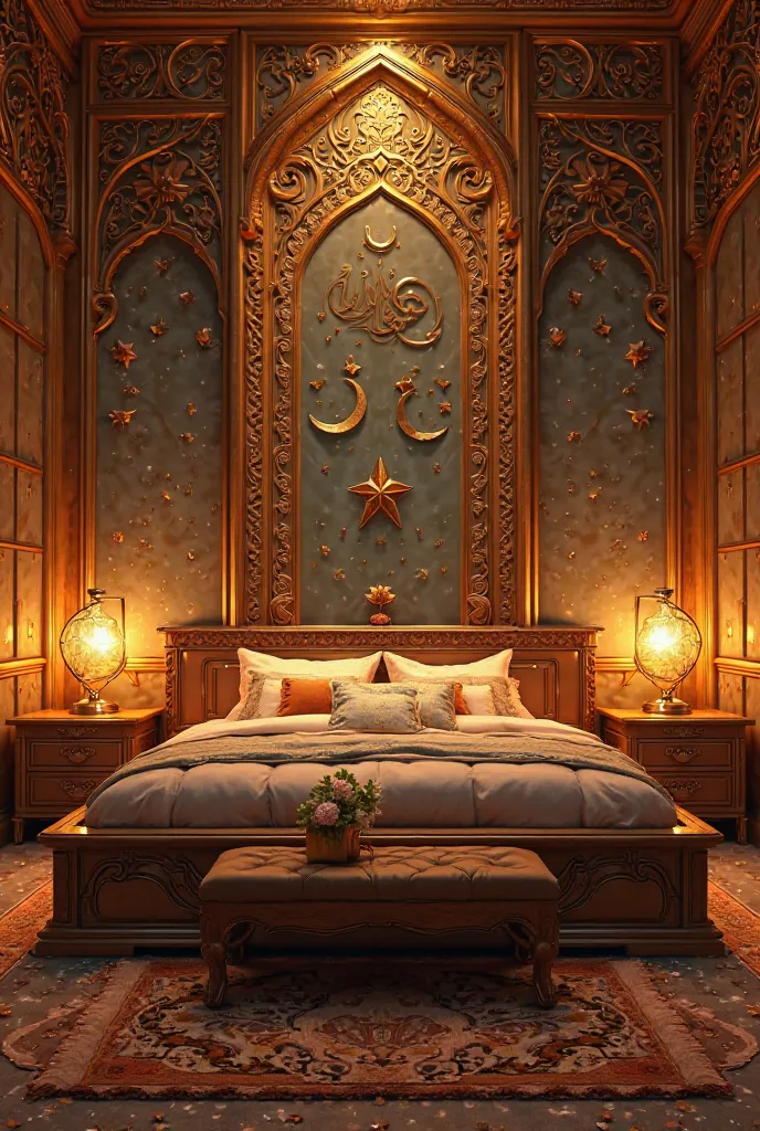 Une très belle chambre dorée la nuit, décorée avec des  luminaires, des émoticônes de ramadan Mubarak, de la lune, des étoiles, 8k, chef d'oeuvre professionnels