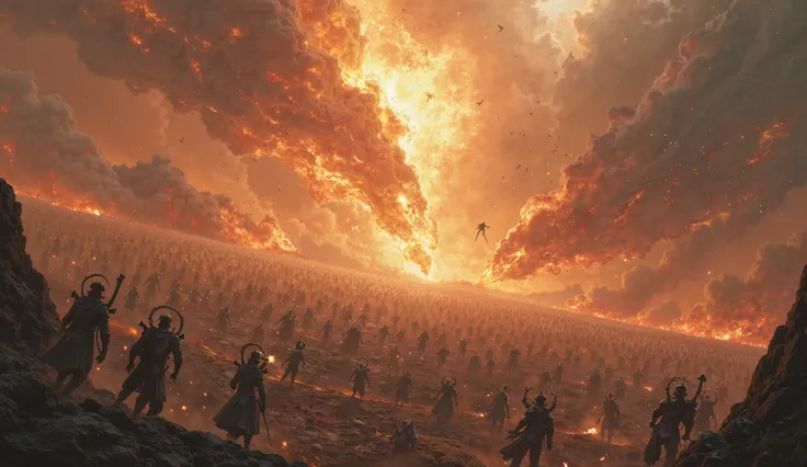 A cinematic drone shot from sky like a bird view of a fierce battle rages between thousands of angels and demons in a huge battlefield.