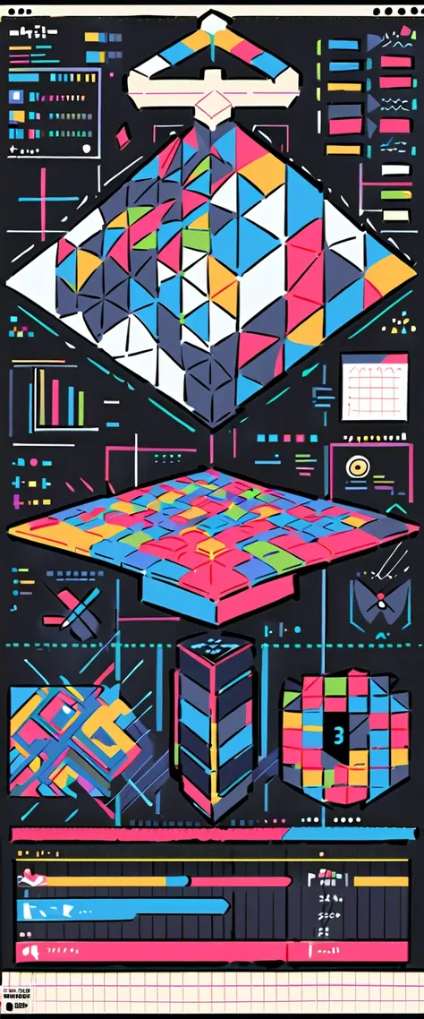 Great console : Regular measurement console  ,black background,button,switch,keyboard with an organization of, Split the canvas into colorful squares, Create a harmonious and powerful composition ,information,Graph paper,Scale , graph, Geometric Model