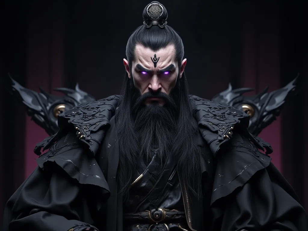 Handsome Young Man, Forehead Center Eye Tattoo, Forehead Center Eye Tattooสีดำ, with a cool black crown, Evil Chinese Man,  Black Ancient Chinese Outfits , large muscles, strong,  long beard , Long black hair, stares at you, The eyes have a purple glow., ,...