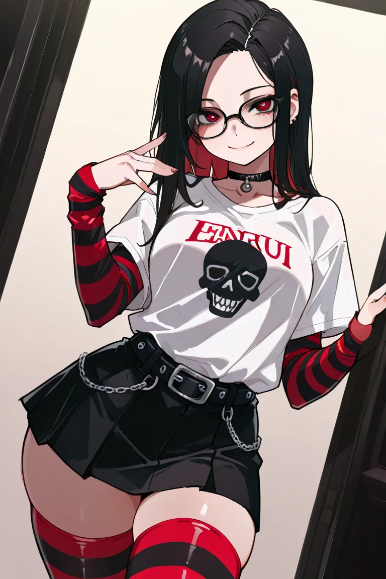 ((best quality)), ((masterpiece)), 1girl, long dark parted hair, cute red eyes, elegant look, glasses, beatiful hands, detailed pupils, detailed eyes, curvy body, medium breast, perspective, smile, sexy pose, punk fashion style outfit, emo fashion, tshirt,...