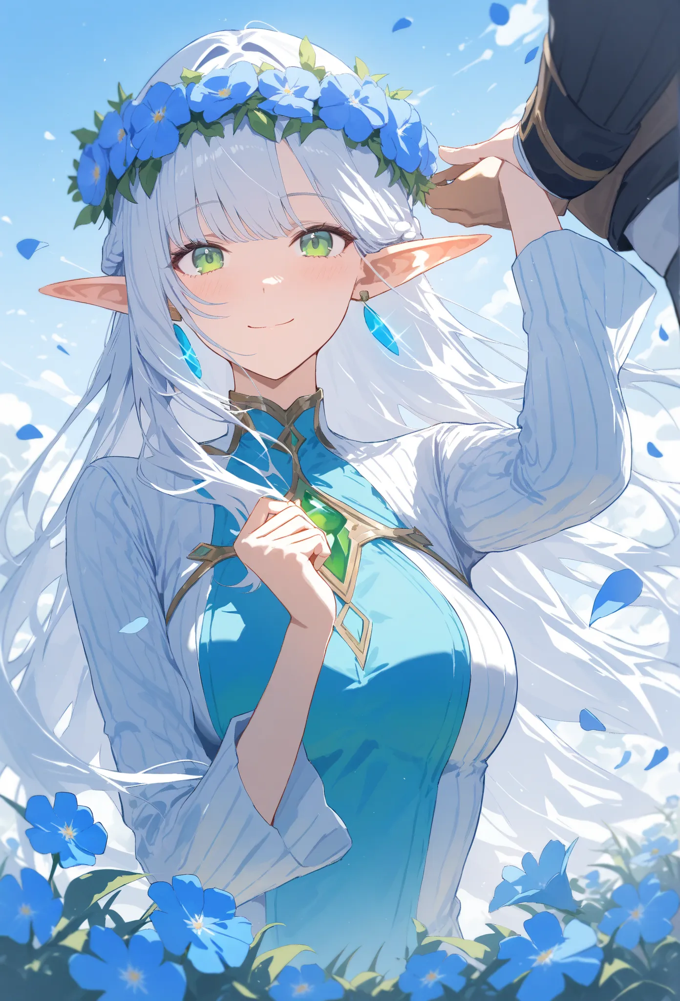 masterpiece, best quality, high score,  great score, ABSARD DRESS, pointed ears, 1 girl, will freeze, sousou no will freeze, long hair, 1 boy, flower, Head wreath, smile,  petals, earrings,  jewelry,  shirt, Elf, Blue Flower,  see another, outdoor, green e...