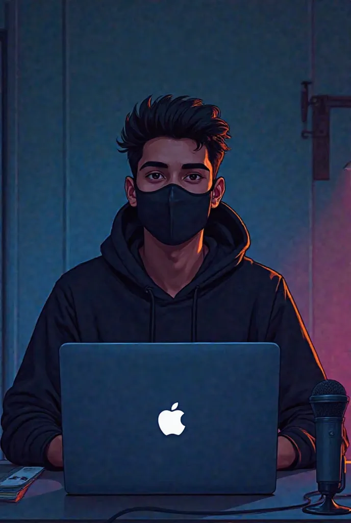 Here’s the revised prompt based on your request:

---

Create an illustration of a 24-year-old Indian student who appears professional and focused. He has a good face and is wearing a black face mask and a black hoodie. The character is sitting behind his ...