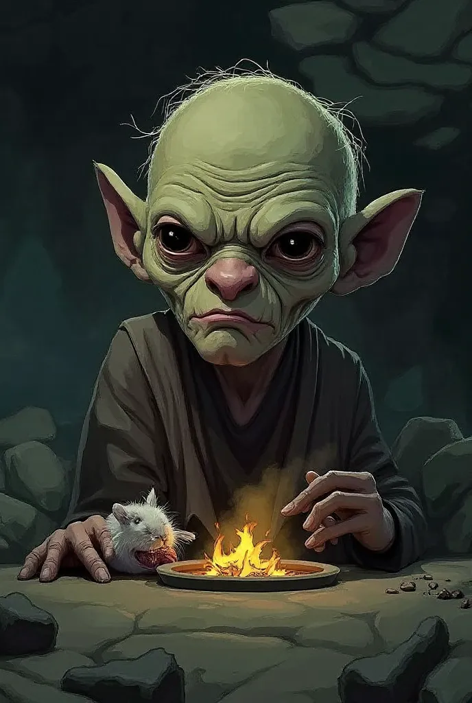 "Gollum crouches in a dark, damp cave, surrounded by jagged rocks, preparing a rabbit meal. His large, gleaming eyes shine with a greedy hunger. Holding a freshly caught rabbit in his bony hands, he scrapes its skin off against the rough stones. Beside him...