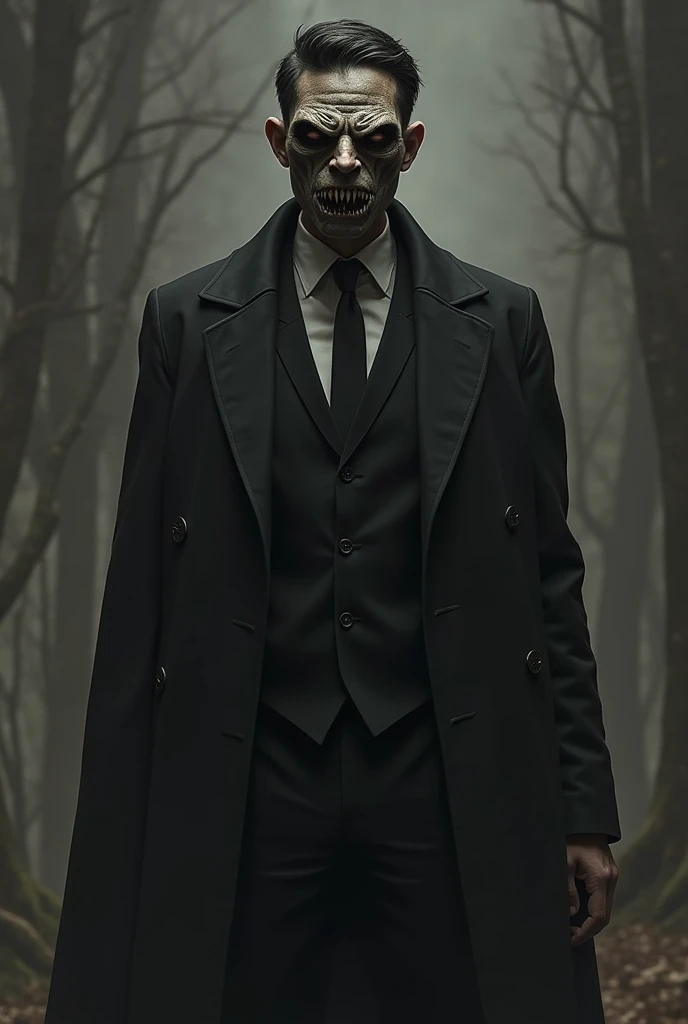 He is wearing a black suit and a black long coat, and his body type is a standard figure with a mask that covers all of his face, but he wears a monster-shaped mask and short black hair