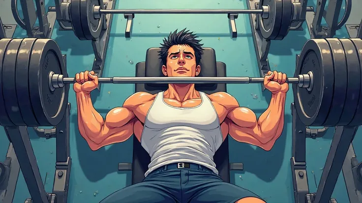 Me a boy of Just made 33 years old hearing music meanwhile beanch press 100 kg in gym anime style working chest on bench press laid flat on bench view from top