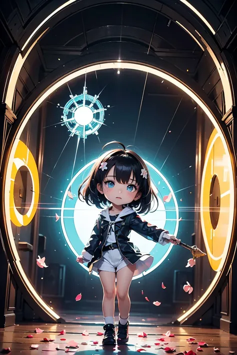  Magical dreamland, ((((A Glowing Portal )))),1 girl, hair ornament, magic wand , Shining Magic Circle, grimoire, cinematic composition looking down at night from the top of the, colorful lights and petals , converted characters, chibi character style, ani...