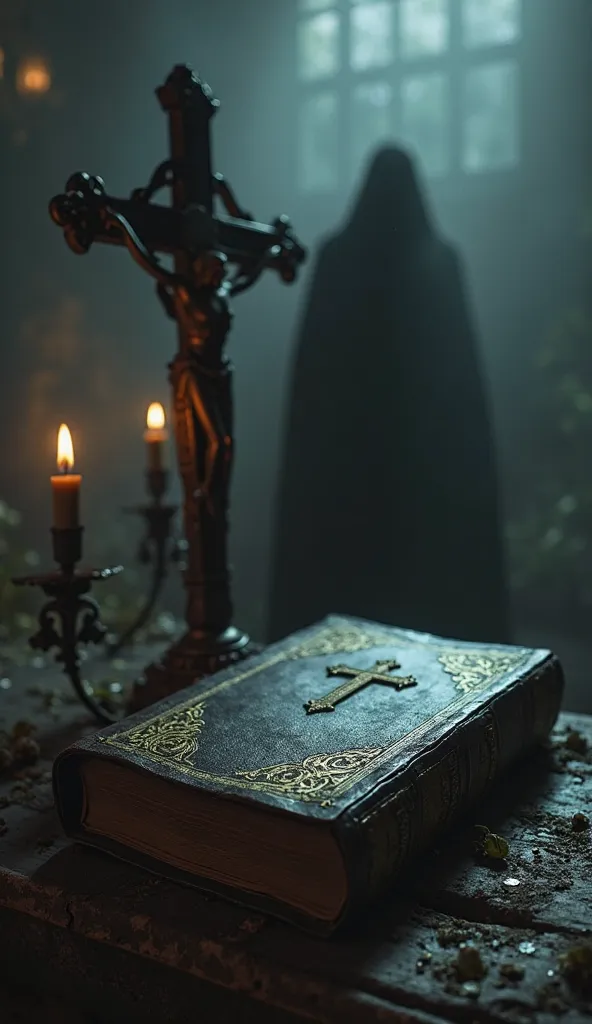 A close-up of a Bible and a crucifix, with a shadowy figure lurking in the background.