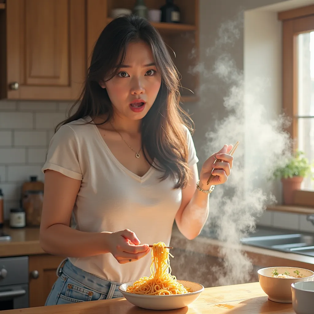 A beautiful woman with large breasts is making instant yakisoba, but she fails to drain the hot water. The steam rises, and her surprised expression is visible. She is wearing a casual, slightly tight T-shirt and shorts. Her long hair flows naturally, and ...