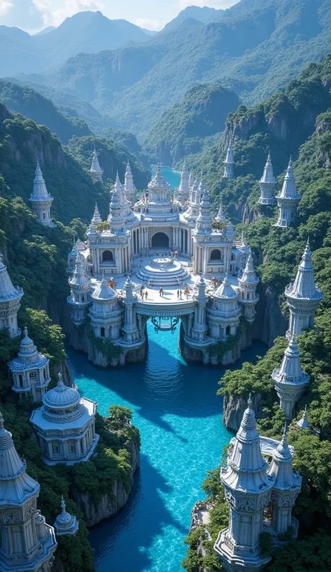 aerial drone view, indra the exo-planet, lush white and blue flora, ancient javanese kingdom architecture, cinematic lighting, fantasy landscape, highdetailed aerial drone view of the exo-planet indra,lush white and blue alien flora,ancient javanese kingdo...