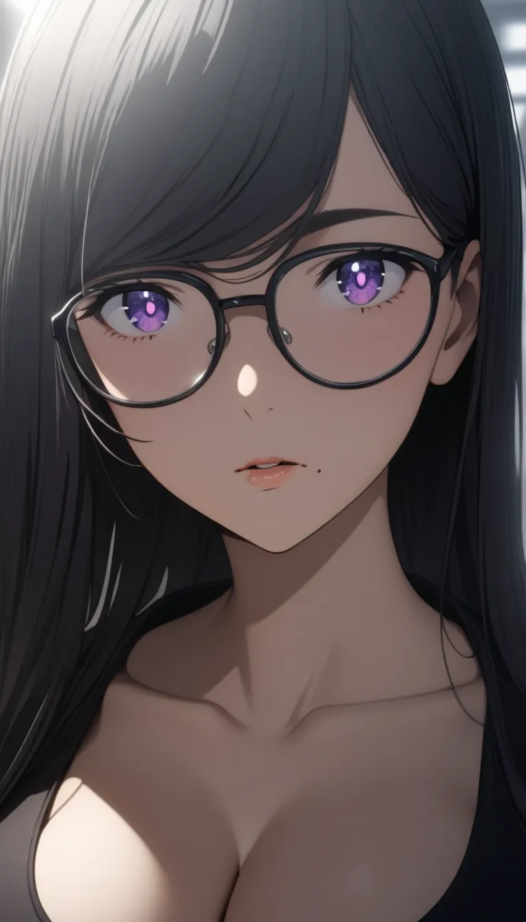 Hizuru Minakata, 1girl, from front, upper body, looking at viewer, very long hair, straight black hair, swept bangs, purple eyes, light reflection in eyes, glossy lips, (a mole below the left side of the lip:1.2), detailed face, radiant skin glow, collarbo...