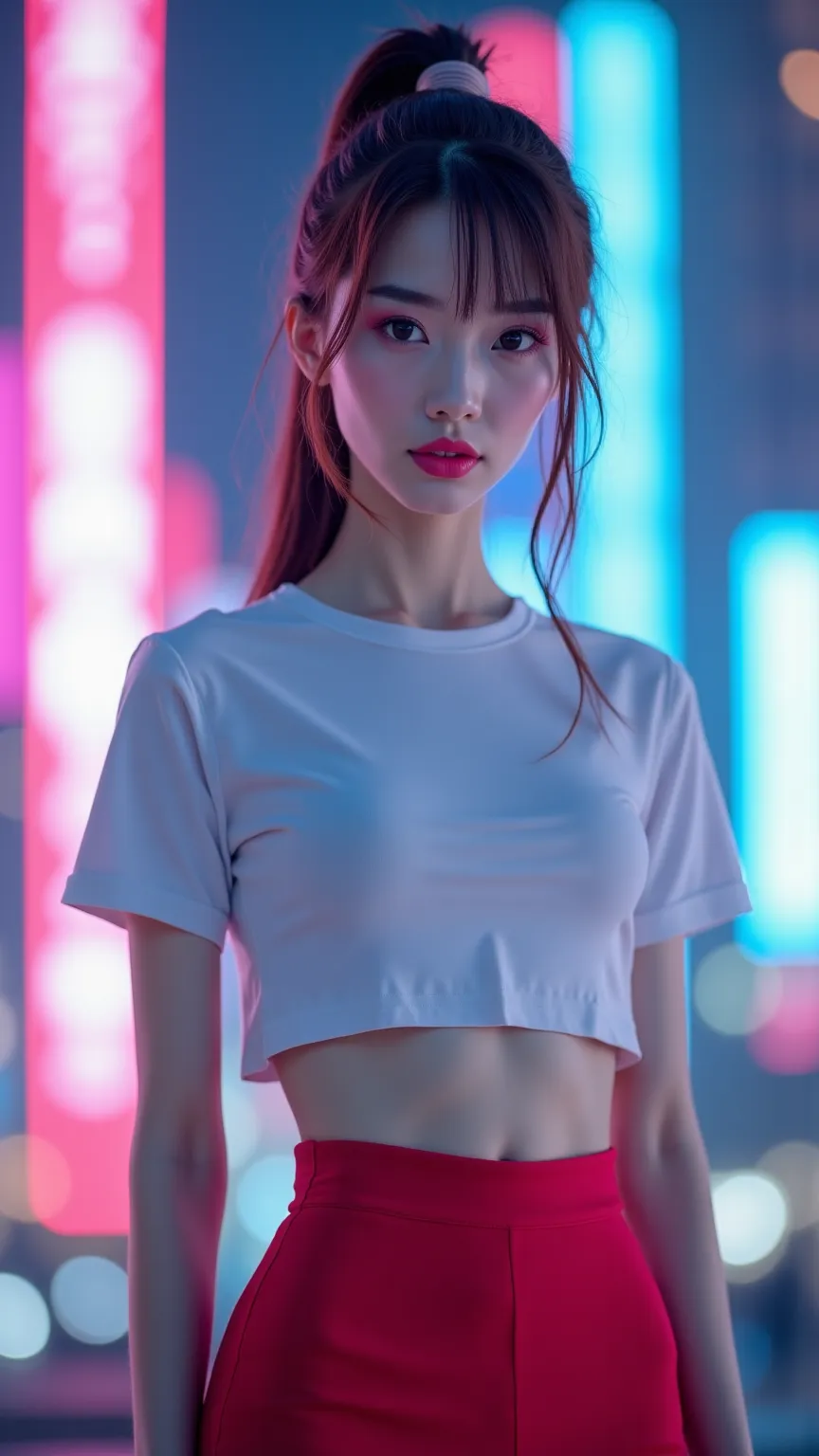 (A tall, extremely slender, and elegant Japanese woman with flawless white skin) stands confidently against a neon-lit cyberpunk cityscape, where futuristic lights and digital elements create an electrifying atmosphere. Her (delicate and refined facial fea...