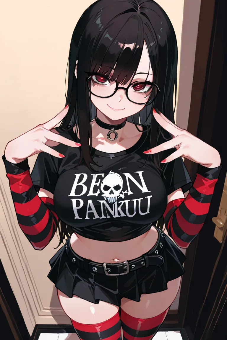 ((best quality)), ((masterpiece)), 1girl, long dark parted hair, cute red eyes, elegant look, glasses, beatiful hands, detailed pupils, detailed eyes, curvy body, medium breast, perspective, smile, sexy pose, punk fashion style outfit, emo fashion, dark cr...