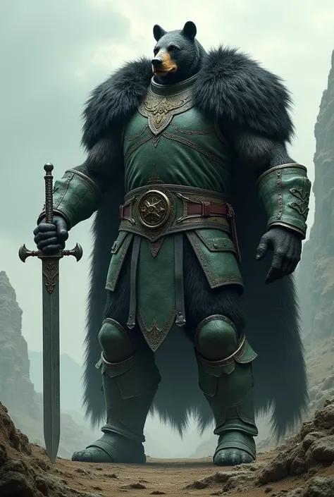 A 230-centimeter tall gentleman in black and green armor with a steel helmet shaped like a rough steel bear and a cape of black bear skin, carrying a long dark gray sword with a T-shaped guard.