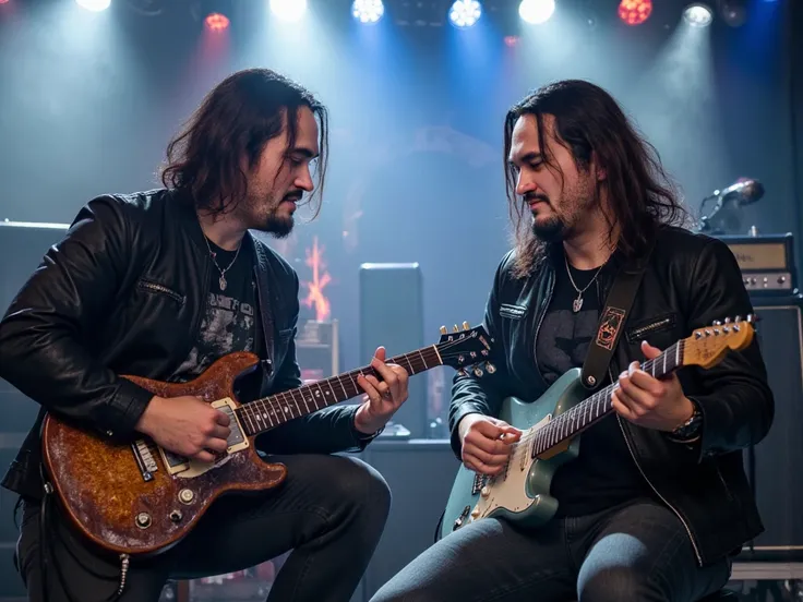 dynamic scene capturing two 27-year-old guitarists sitting across from each other on stage during a rock concert, fully immersed in their performance. Both have dark hair and warm brown eyes, exuding raw energy and passion as they play their guitars with s...