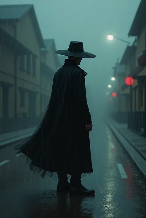 A man stood in the dark and the rain wearing a long black hat
 Remotely