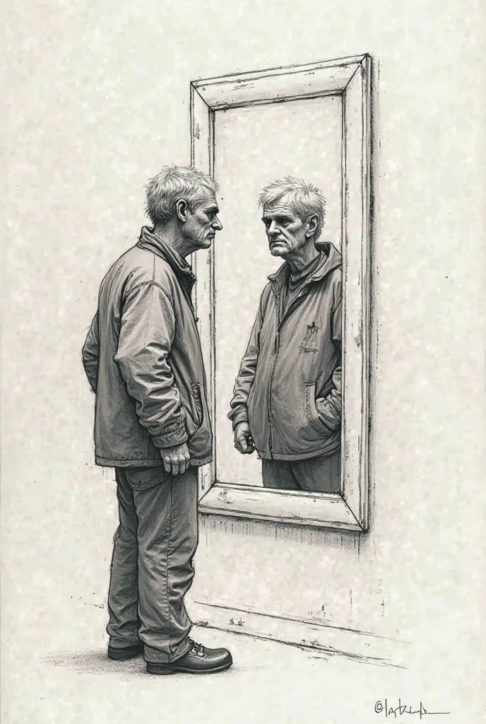 sketch of a man looking at the mirror looking tired