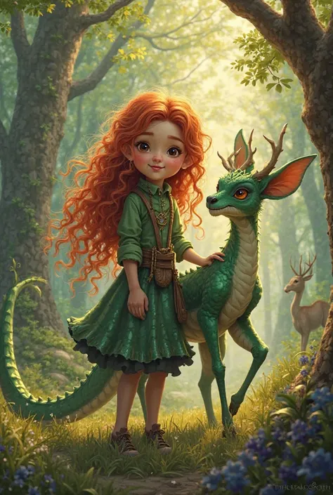 girl with long curly red hair with brown eyes and Fang,His friend green dragon, With a deer in the forest