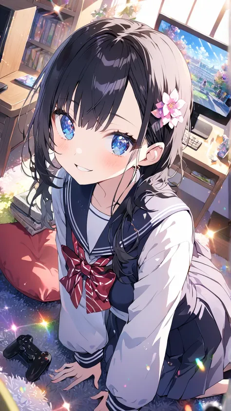 1 girl, room、tv set、tv setゲーム、 with a controller facing the monitor 、Books棚、 table、 carpet、Japanese cushion、Books、flower、Blue Eyes,  black hair、 cushion、school uniforms、Wide angleショット, Wide angle, Dutch Angle, glitter effect, blurred background, lens flare...