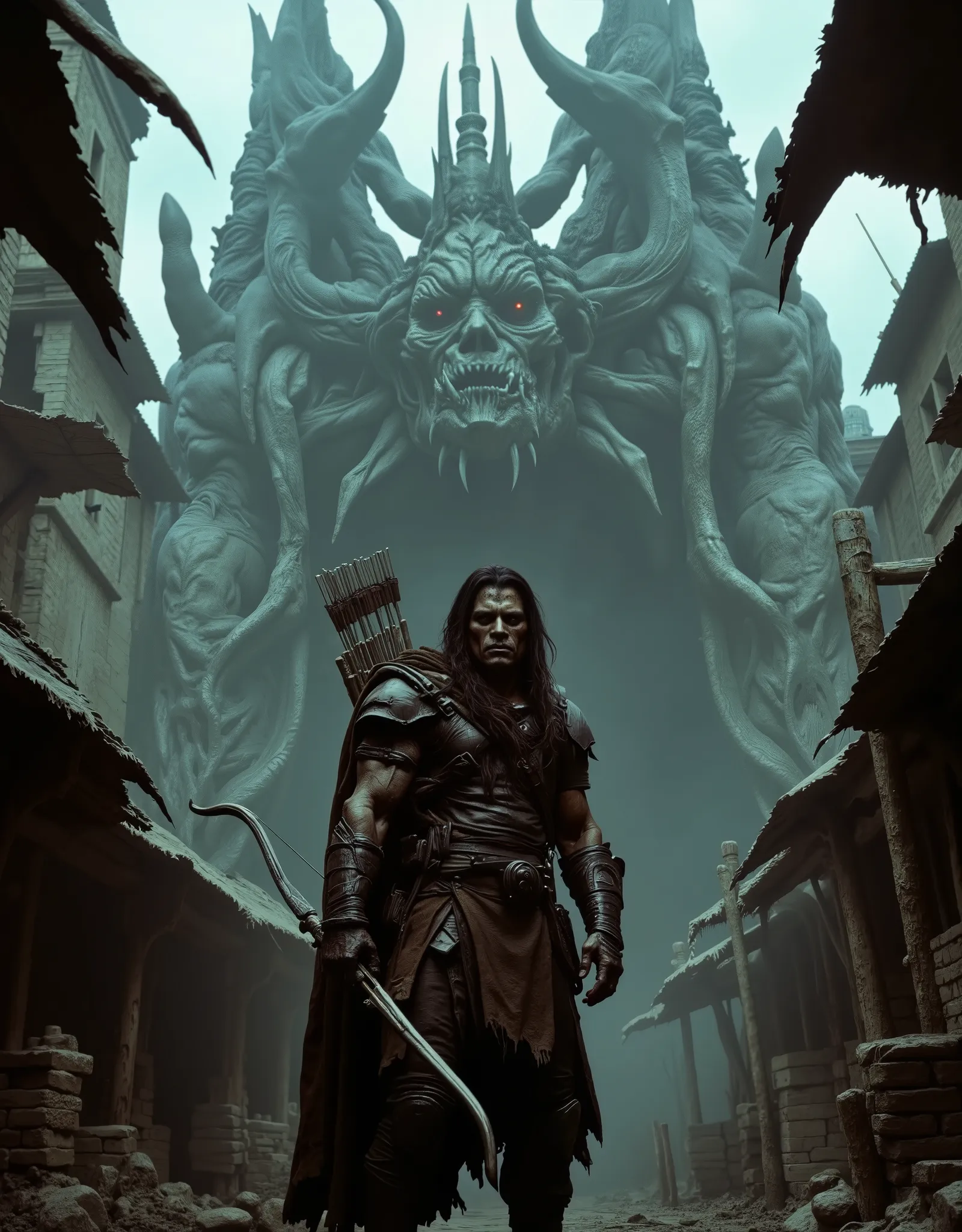 a vile scarred and scary male ranger, detailed facial features, rugged and weathered appearance, stern expression, holding a bow and arrow,   standing in a Gothic medieval slavemarket of an Eldritch Germanic megastructure, moody lighting, dramatic shadows,...