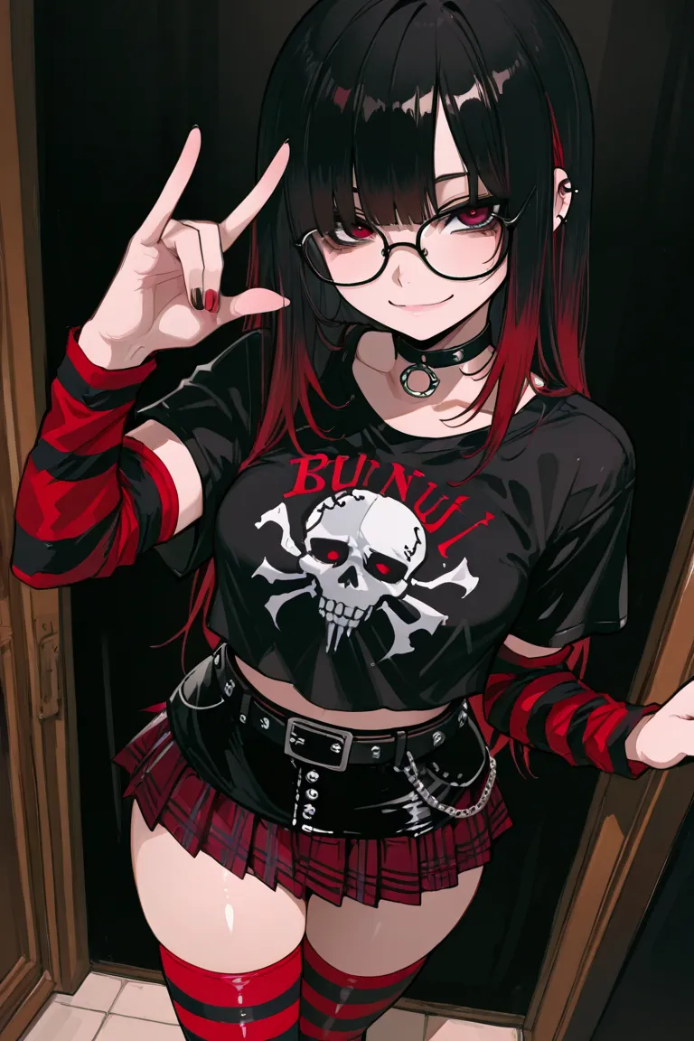 ((best quality)), ((masterpiece)), 1girl, long dark parted hair, cute red eyes, elegant look, glasses, beatiful hands, detailed pupils, detailed eyes, curvy body, medium breast, perspective, smile, punk fashion style outfit, emo fashion, dark crop tshirt, ...