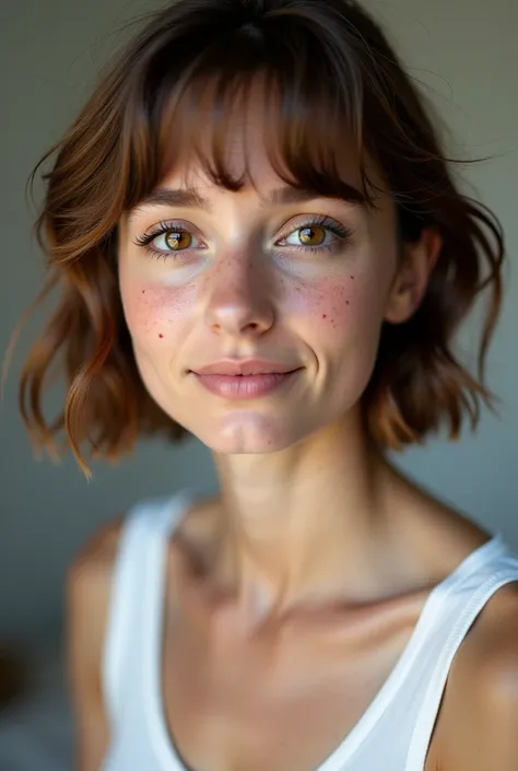 woman with freckles and white tank top, short  brown hair and big eyes ,  soft portrait shot 8k , Young cute face,  brown hair and big eyes , high quality 4k portrait,  sweet girl with a beautiful face , perfect face focused ),  beautiful young face , port...