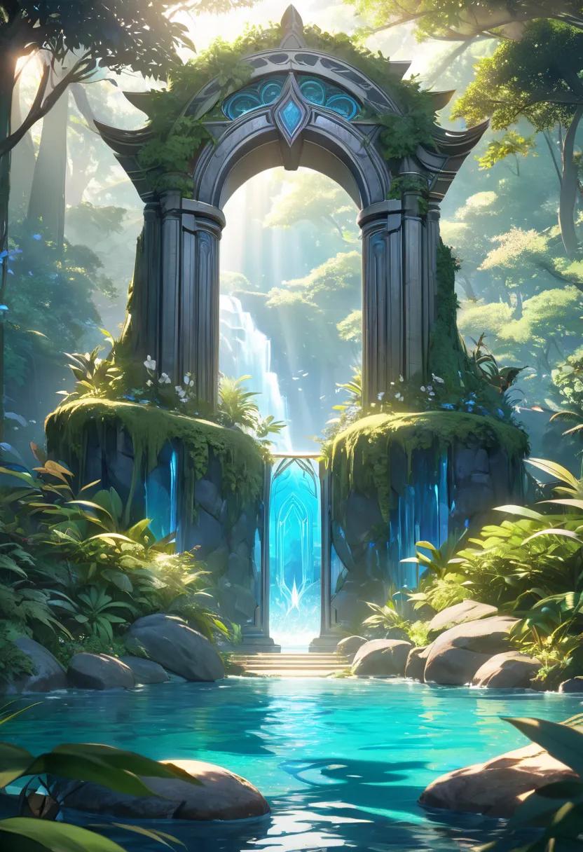 A serene glowing portal shines with tranquil light leading to a peaceful paradise, Lush landscapes and crystal-clear waters stretch before you, An ethereal being with flowing hair and a crown of leaves stands gracefully at the portal, Their serene expressi...