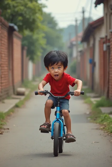 "A  boy with short black hair and a red t-shirt is riding a small blue bicycle on a narrow street. Suddenly, he loses balance and falls to the ground, scraping his knee. His facial expression shows a mix of shock and slight pain. The background includes a ...