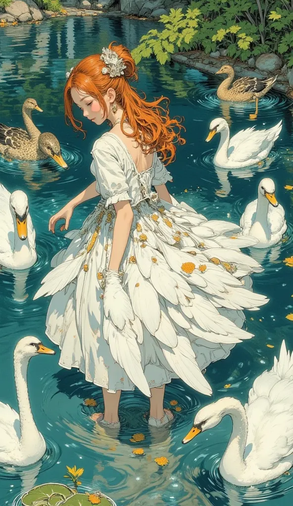 bird's eye view of An (innocent girl with a (curly redhead ponytail at side tied up with beautiful feathers) and freckles and perky breast) wearing dress with (beautiful skirted dress made by wing of swan) skipping on the surface of lake, looking at her ow...