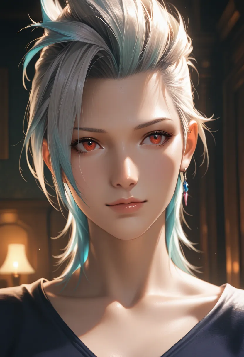 masterpiece, best quality, vibrant, very aesthetic, high contrast, photorealistic portrait,beautiful detailed face,detailed texture,detailed skin, newest, 1girl,Final Fantasy Ⅹ-2,source_Final Fantasy Ⅹ-2,Paine,shirt,room