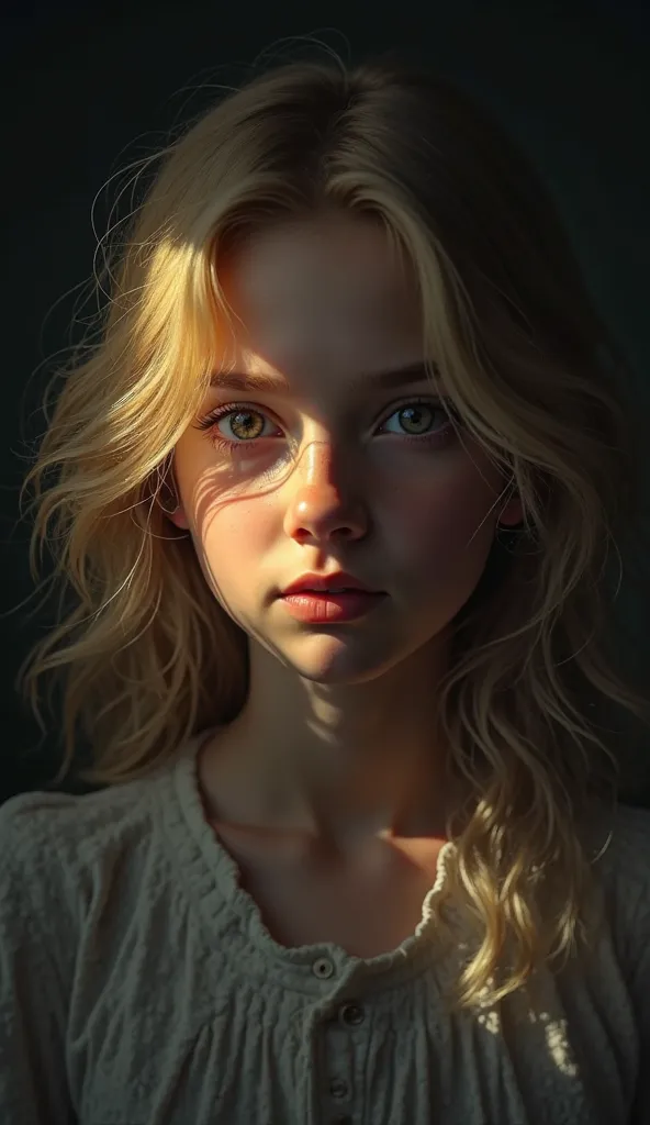 A young blonde girl's face, half in light and half in shadow, symbolizing the duality of her story.