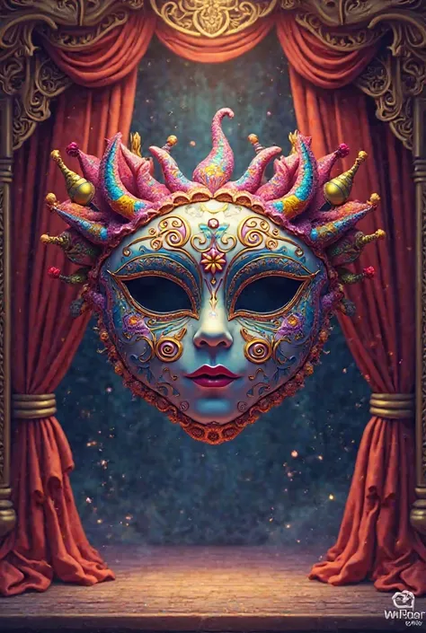 Create an image of a theater with a carnival mask that is colorful and related to carnival