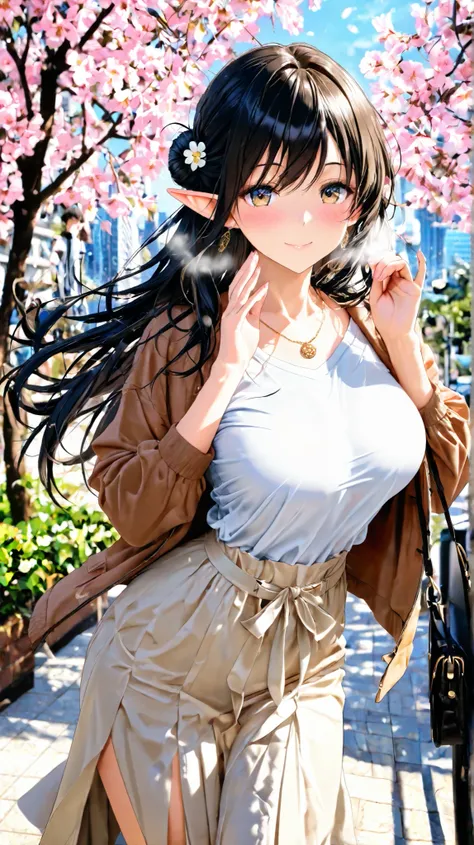 masterpiece, best quality、Ultra High Definition、 golden ratio、dramatic、side angle、Leaning against a cherry tree、 look up at the sky、reach forward、the cityscape of ancient Kyoto、The most attractive ever、super beautiful、Beautiful breasts、 black hair、((romant...