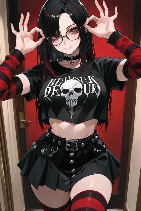 ((best quality)), ((masterpiece)), 1girl, long dark parted hair, cute red eyes, elegant look, glasses, beatiful hands, detailed pupils, detailed eyes, curvy body, medium breast, perspective, smile, punk fashion style outfit, emo fashion, dark crop tshirt, ...