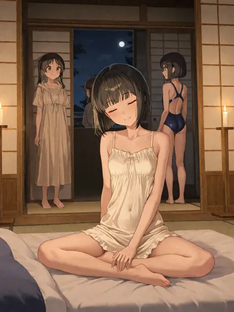 Beige nightgown,beautiful black haired short bob girl wearing a navy blue competitive swimsuit,Athletic build,kind smile,night,A bedroom in a Japanese house,I can't see the scenery outside, is sleeping on a futon,have a comforter on the body,There are cand...