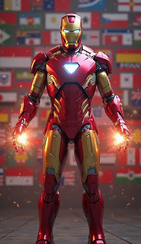 ironman from every country,ironman from indonesia,detailed portrait of an ironman superhero suit,wearing a red and gold armor,standing in heroic pose,with glowing energy blasts in the hands,against a backdrop of various national flags,from different countr...