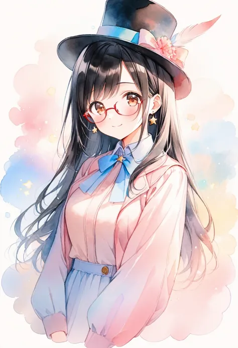 (ultra detailed:0.7), cover image, (soft pastel tones, watercolor, (bright color:1.3), transparent, gradation, harmonious and calm atmosphere:1.1), 1girl, , brown eyes are shining and cute, black hair, long hair, extremely detailed neat hair,Straight hair,...