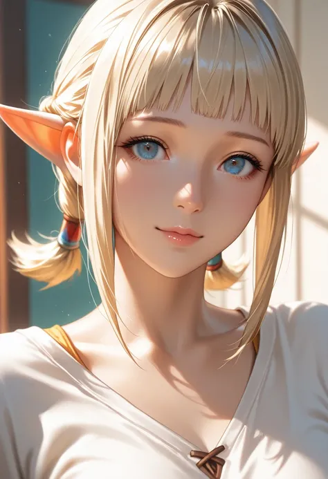 masterpiece, best quality, vibrant, very aesthetic, high contrast, photorealistic portrait,beautiful detailed face,detailed texture,detailed skin, newest, 1girl,Final Fantasy Ⅻ,source_Final Fantasy Ⅻ,Penelo ,shirt,room