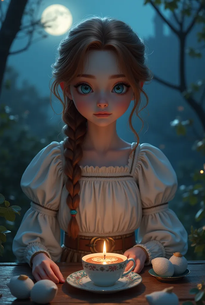   high definition 、moonlight、  Moon Night Tea  、 1 girl, chestnut hair 、, braiding  ,   light blue eyes  ,  Low Eyebrows  , (  The Witch Have a Tea Party on Moonlight Night ), Magical Moonlight、  Magic Festival   (   Sitting at outdoor table   ) Nền đêm mo...