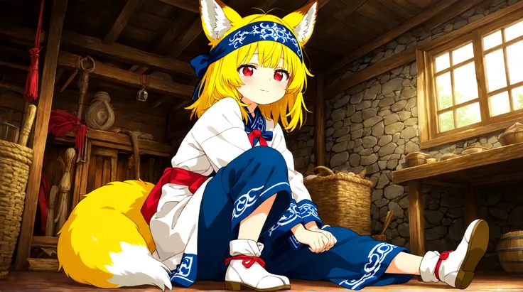 high quality, beautiful image quality over the right shoulder, detailed image quality, anime style, full body illustration,  girl, slender figure,  blonde medium hair ,  fox ears, tail,  red eyes,  innocent face , white tone, red decoration , traditional A...