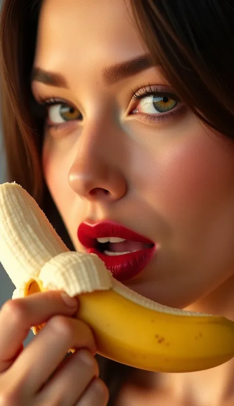 A stunning young woman with smooth, radiant skin and deep red lips, gently biting into a half-peeled banana. Her lips are slightly parted as she seductively takes a bite, with her eyes gazing softly. Her makeup is flawless, emphasizing her full lips and ca...