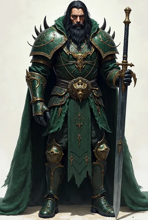 A 230-centimeter tall gentleman in black and green armor with long black hair and without a beard, with a shoulder strap shaped like a black bear's head and a cape of black bear skin, carrying a long dark gray sword with a T-shaped guard.