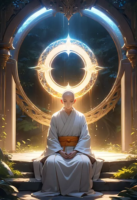 A gentle glowing portal emits a soft serene light opening to a world of quietude, The only sounds are the gentle whispers of nature, A meditative monk clad in simple robes sits calmly at the portal, Their eyes are closed in peaceful contemplation and they ...