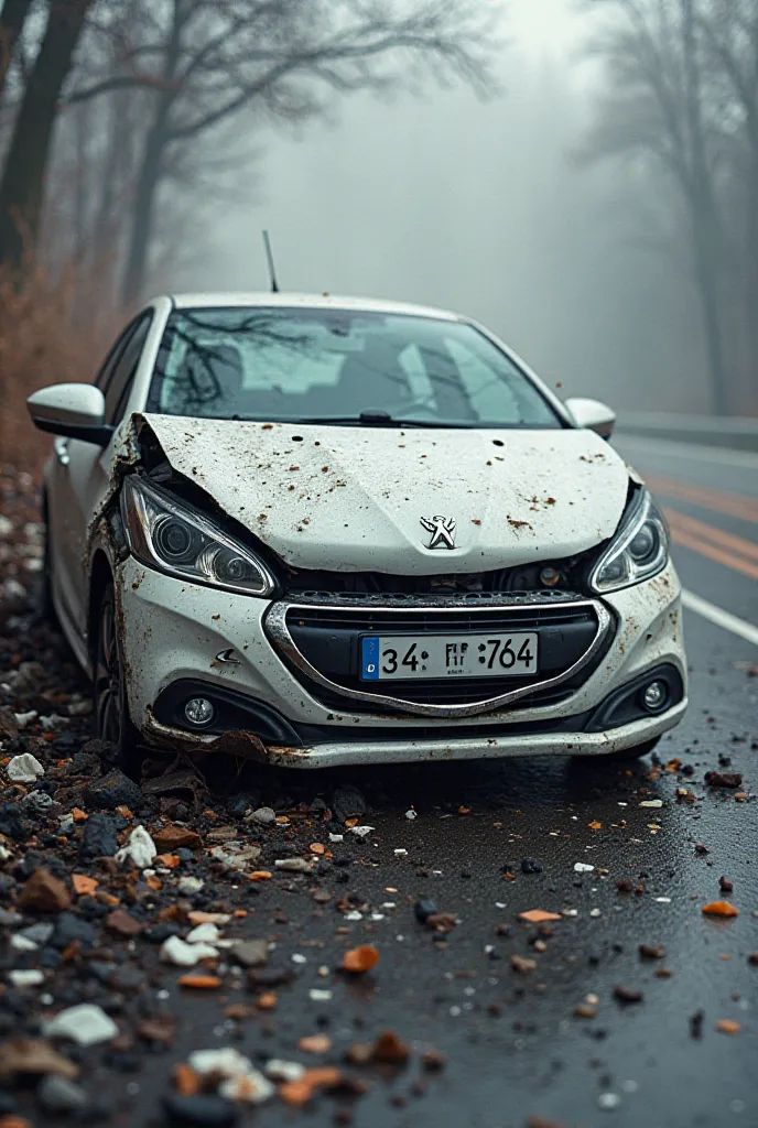 Create very large damaged and detailed photo of 2013 model white Peugeot 208 WITH TR PLATE "34 FIT 764", Create a damaged and detailed photo of, Create damaged photo of hit the barrier from the front.